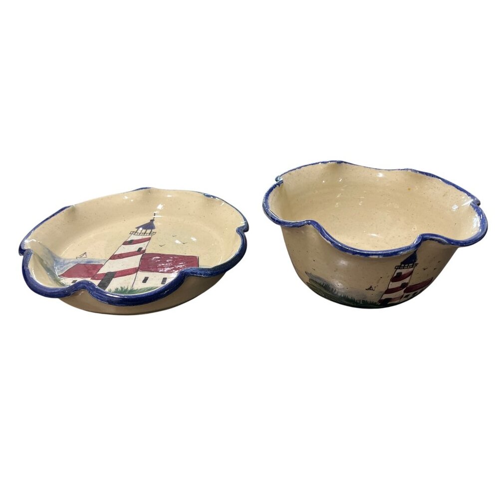 Gail Miller Handcrafted Lighthouse Nautical Themed Ceramic Bowl and Plate - Picture 2 of 8